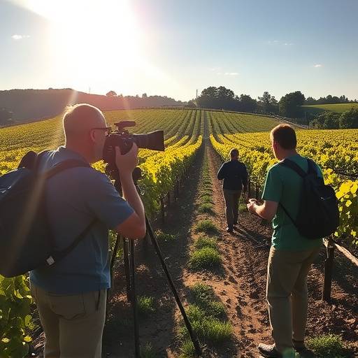 Photo de tournage d'un film d'entreprise dans un vignoble du Beaujolais